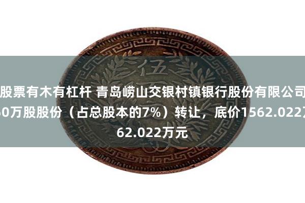 股票有木有杠杆 青岛崂山交银村镇银行股份有限公司1050万股股份（占总股本的7%）转让，底价1562.022万元